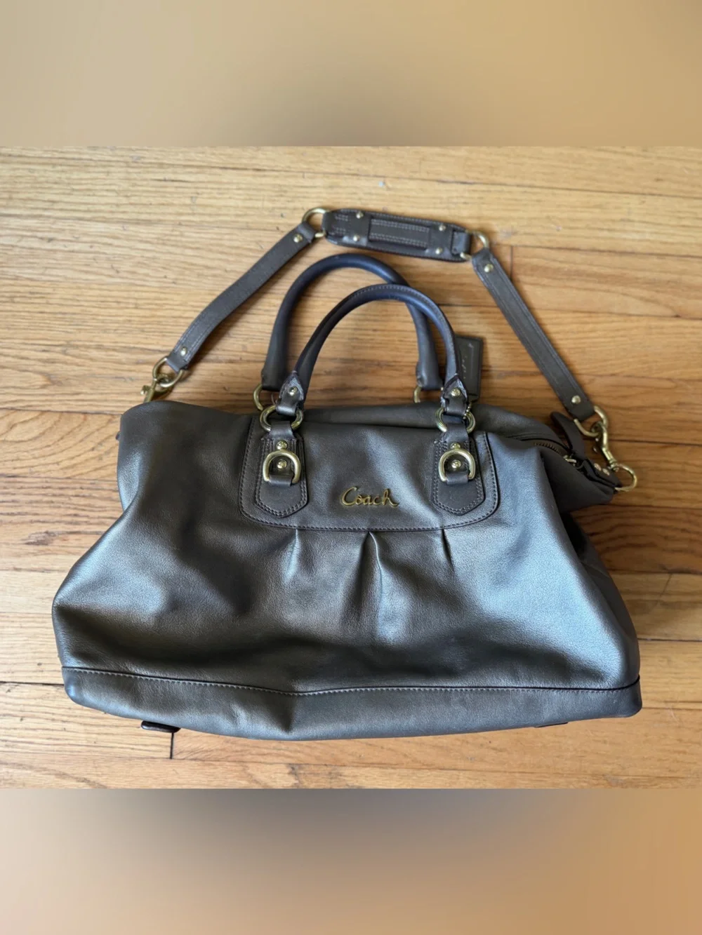 Coach Metallic Charcoal Leather Satchel with Detachable Strap - Picture 2 of 7